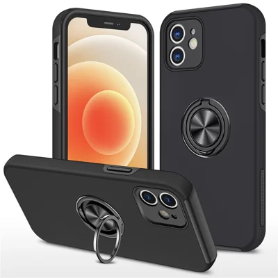 Ring Shape Kickstand Design Hybrid Phone Case Cover with Built-in Metal Sheet for iPhone 12 mini - Black