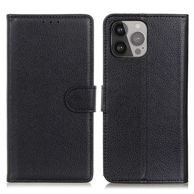 For iPhone 13 Pro Max 6.7 inch Phone Wallet Case Litchi Texture Leather Drop-proof Phone Protector with Stand - Black