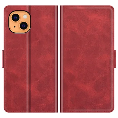 PU Leather Full Protection Wallet Cover Stand Case with Magnetic Double Clasp for iPhone 13 6.1-inch - Red