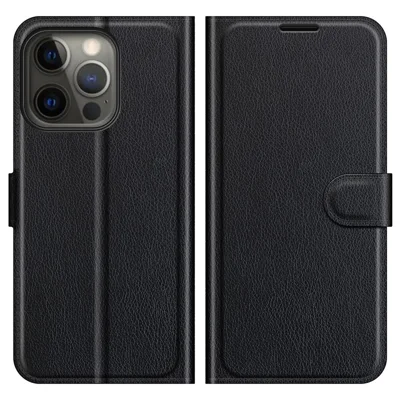 Бумажник из кожи личи, чехол для мобильного телефона с подставкой для iPhone 13 Pro 6.1 дюйма - чёрный