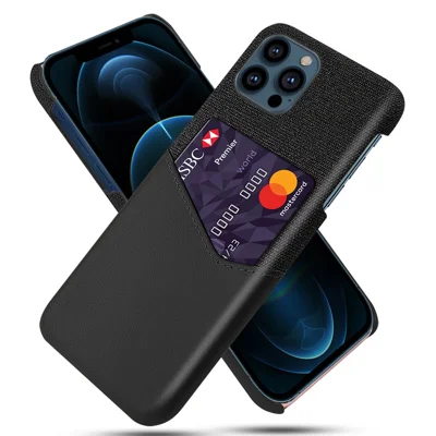 KSQ Stof + PU-læderbelagt PC-telefonbeskyttelsesdæksel med kortlomme til iPhone 13 Pro Max 6,7 tommer - Sort