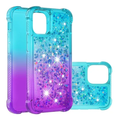 Gradient Quicksand Series Sparkle Liquid Waterfall Luxury TPU Bumper Case for iPhone 13 Pro Max 6.7 inch - Sky Blue/Purple