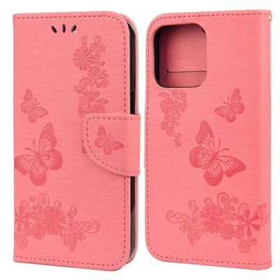 Läderplånbok med tryckt fjäril och blommönster, telefonlåda med ställfot för iPhone 13 mini 5,4 tum – Rosa