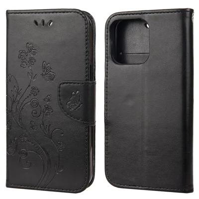 Well-protected Butterfly Flower Imprint Leather Wallet Phone Stand Case for iPhone 13 6.1 inch - Black