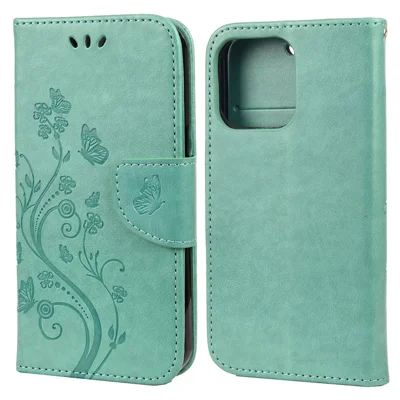 All-round protective Butterfly Flower Imprint Leather Wallet Phone Stand Case for iPhone 13 Pro 6.1 inch - Green