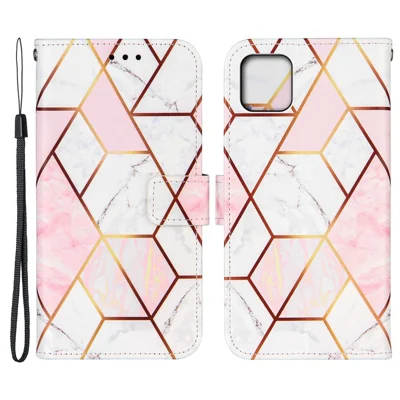 Shockproof Stand Flip Folio Splicing Marble Pattern Leather Wallet Phone Cases with Wrist Strap for iPhone 13 6.1 inch - Pink/White