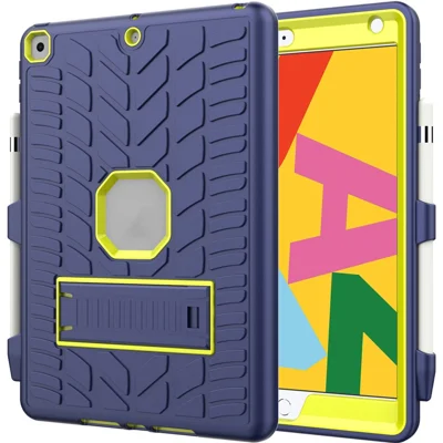 Drop Proof Kickstand Design Cool Tyre Surface PC + Silicone Hybrid Tablet Shell Case for iPad 10.2 (2021)/(2020)/(2019) - Navy Blue/Lime