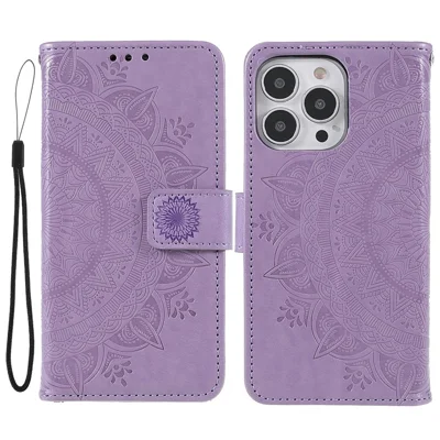 Mandala Totem Pattern Imprinted PU Leather Wallet Magnetic Flip Cover with Hand Strap for iPhone 13 Pro 6.1 inch - Purple