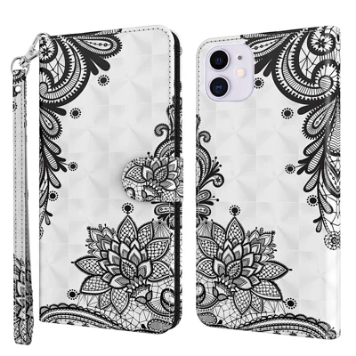 Stand 3D Pattern Printing PU Leather Wallet Magnetic Flip Folio Cover with Strap for iPhone 13 Pro Max 6.7 inch - Lace Flower