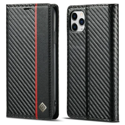 LC.IMEEKE Carbon Fiber Texture Stand Wallet Leather Phone Shell Cover for iPhone 11 Pro 5.8 inch - Vertical Red Stripe