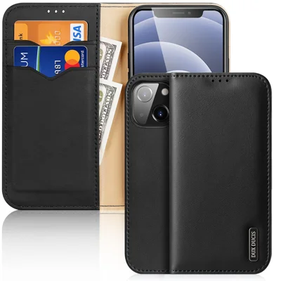 DUX DUCIS Hivo Series Split Leather Wallet Stand Design RFID Blocking Anti-theft Phone Case for iPhone 13 6.1 inch - Black