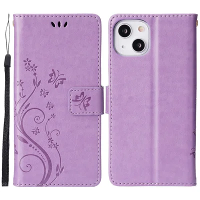 Butterflies Pattern Imprint PU Leather Wallet Card Slots Cover Phone Stand Case for	iPhone 13 mini - Light Purple