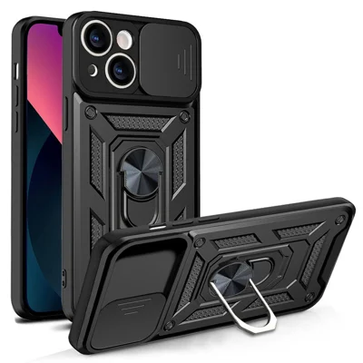 Full Protective Camera Slide Phone Case Back Shell with Kickstand for iPhone 13 6.1 inch - Black