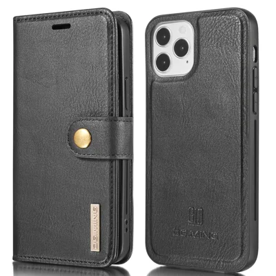 DG.MING For iPhone 13 Pro 6.1 inch Drop-resistant Anti-scratch Split Leather Wallet Detachable 2-in-1 Phone Shell - Black