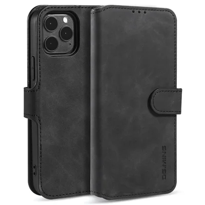 DG.MING Retro Style Leather Folio Flip Phone Cover with Wallet Stand Design for iPhone 13 mini 5.4 inch - Black