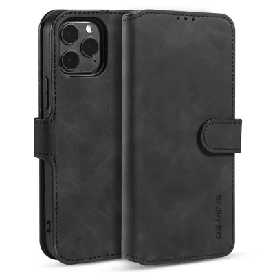 DG.MING Wallet Stand Design Retro Style Full Protection Leather Cover with Strap for iPhone 13 Pro 6.1 inch - Black