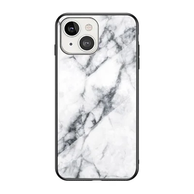 Marble Design Luxury Tempered Glass Back Cover Slim Fit Shockproof TPU Edge Protective Case for iPhone 13 6.1 inch - White Marble