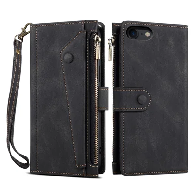 Zippered Wallet Wrist Strap Slots Case All-round Protection Phone Cover with Stand for Apple iPhone 7 4.7 inch/8 4.7 inch/SE (2020)/SE (2022) - Black