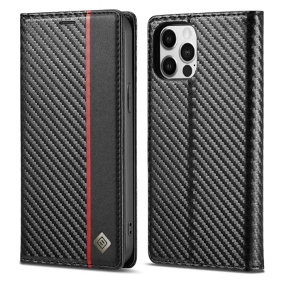 LC.IMEEKE Wallet Stand Leather Case Carbon Fiber Texture Phone Cover for iPhone 13 Pro 6.1 inch - Vertical Red Stripe