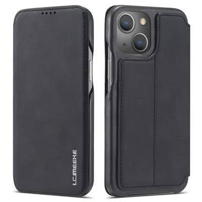 LC.IMEEKE Retro Stijl Kaarthouder Stand Design Leren Telefoonhoesje voor iPhone 13 6,1 inch - Zwart
