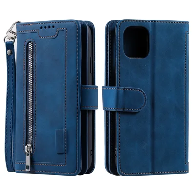 9 Card Slots Design Leather Wallet Stand Phone Case Shell with Wrist Strap for iPhone 13 mini 5.4 inch - Blue