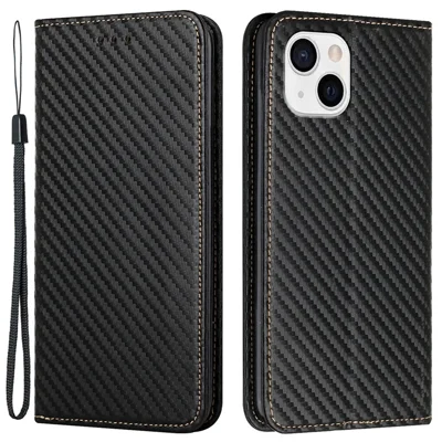 Solid Color Carbon Fiber Texture Auto-absorbed Leather Phone Cover Case with Wallet Stand for iPhone 13 6.1 inch - Black