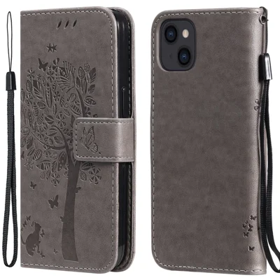 For iPhone 13 Phone Case with Stand Cat Tree Pattern Leather Wallet Mobile Cover - Grey