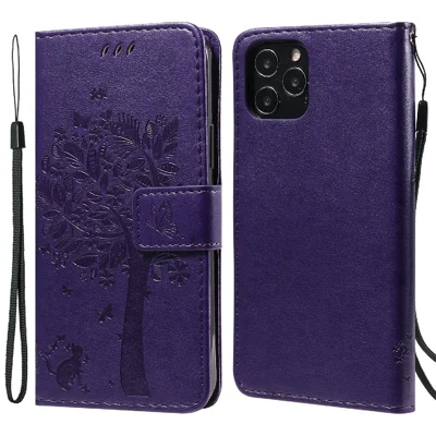 For iPhone 12 / 12 Pro Phone Case with Stand Cat Tree Pattern Leather Wallet Mobile Cover - Purple