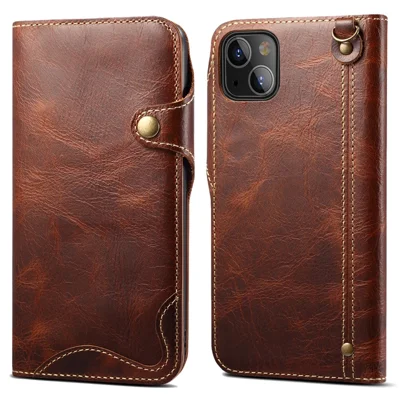 Folio Flip Genuine Leather Wallet Cover Shell with Strap for iPhone 13 6.1 inch - Brown