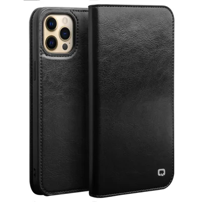 QIALINO For iPhone 13 Pro 6.1 inch Wallet Stand Phone Cover Top Layer Cowhide Leather + TPU Cover Shell - Black