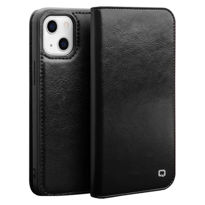 QIALINO For iPhone 13 Top Layer Cowhide Leather Wallet Stand Phone Case Protector - Black