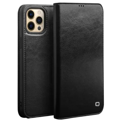 QIALINO Top Layer Cowhide Leather Stand Wallet Cell Phone Cover Protector for iPhone 13 Pro Max 6.7 inch - Black