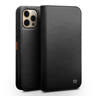 QIALINO Folio Flip Top Layer Cowhide Leather Light Stand Wallet Design Phone Cover for iPhone 13 Pro 6.1 inch - Sort