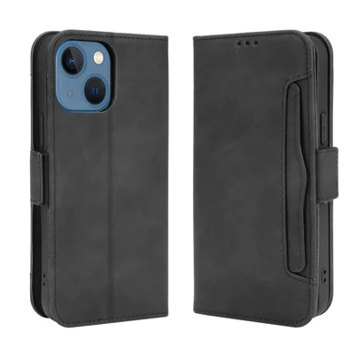 Portefeuille met meerdere kaartslots, volledige bescherming, lederen telefoonhoes met standaard voor iPhone 13 6,1 inch - Zwart
