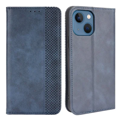 Estilo Vintage de Estilo Vintage Auto-absorbido Diseño de Billetera PU Case de Teléfono Con Soporte Para Iphone 13 Mini 5.4 Pulgadas - Azul
