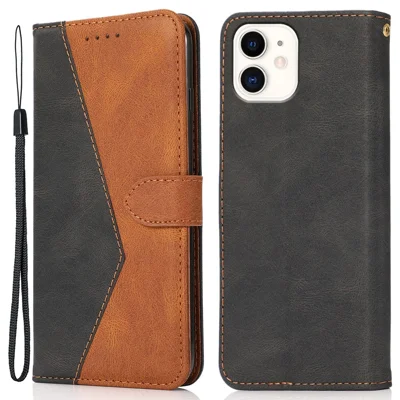 Dual Color Splicing Anti-Drop Wallet Stand Design Leather Phone Cover with Wrist Strap for iPhone 11 6.1 inch - Black/Brown