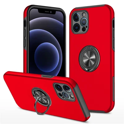 Ring Kickstand Shockproof Hybrid PC Back Soft TPU Frame Protection Phone Case for iPhone 13 Pro Max 6.7 inch - Red