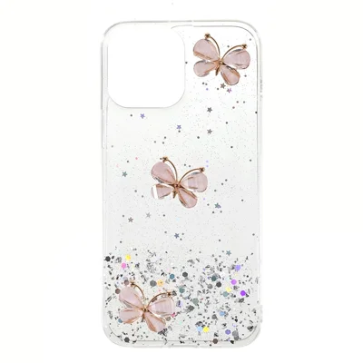 3D Butterfly Pattern Glittering Epoxy TPU Cell Phone Cover Shell for iPhone 13 Pro 6.1 inch - Transparent