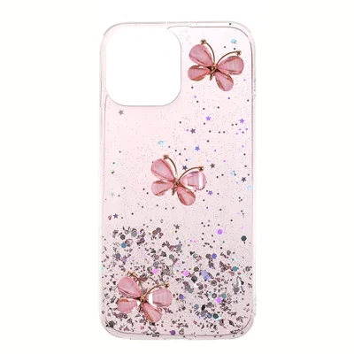 3D Butterfly Pattern Glitter Powder Epoxy TPU Phone Case Protector for iPhone 13 Pro Max 6.7 inch - Pink