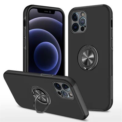 Soft Flexible TPU + Hard PC Back Shell Shockproof Cover with Ring Car Mount Kickstand for iPhone 13 6.1 inch - Black