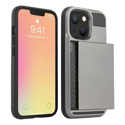 Anti-Kratzer TPU + PC-Handyhülle mit Schiebe-Kreditkartenhalter für iPhone 13 Pro 6.1 Zoll - Grau