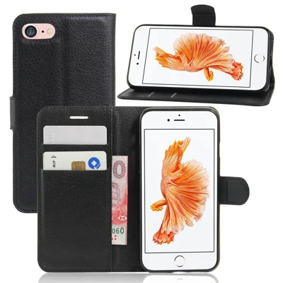 Litchi Grain Leather Wallet Case Flip Folio Stand Protective Cover für iPhone SE 2nd Gen (2020)/SE (2022)/8/7 4,7 Zoll - Schwarz