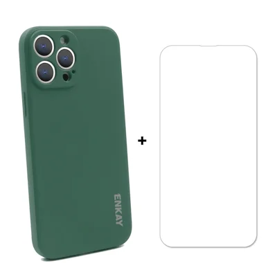 ENKAY HAT PRINCE 2-in-1 Straight Edging Liquid Silicone Phone Cover + 9H 2.5D Tempered Glass Ultra Clear 0.26mm Protector Set for iPhone 13 Pro Max - Dark Green