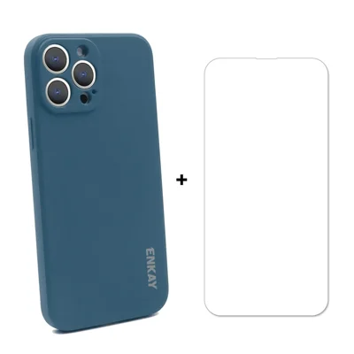 ENKAY HAT PRINCE Drop-Resistant Straight Edging Liquid Silicone Phone Cover Case + 0.26mm 9H 2.5D Strong Tempered Glass Ultra Clear Protector for iPhone 13 Pro 6.1 inch - Dark Blue