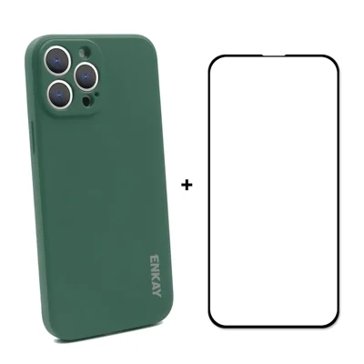 ENKAY HAT PRINCE Smooth Touch Flexible Liquid Silicone Straight Edging Phone Cover + Full Coverage Tempered Glass Silk Print Full Glue Protector Set for iPhone 13 Pro Max 6.7 inch - Dark Green