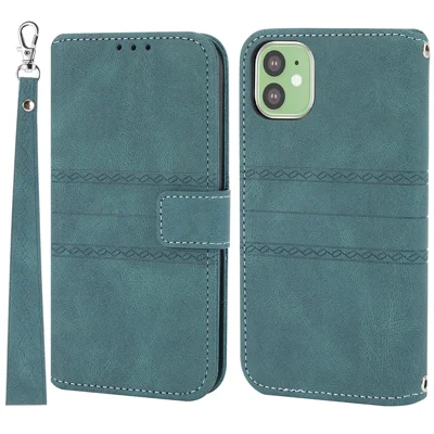 Imprint Pattern Design PU Leather + TPU Wallet Phone Case Phone Cover with Wrist Strap for iPhone 11 6.1 inch - Green