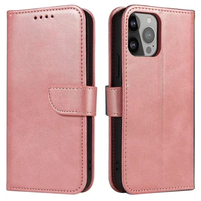 PU Leather Wallet Stand Phone Case Magnetic Design Phone Cover for iPhone 13 mini 5.4 inch - Rose Gold