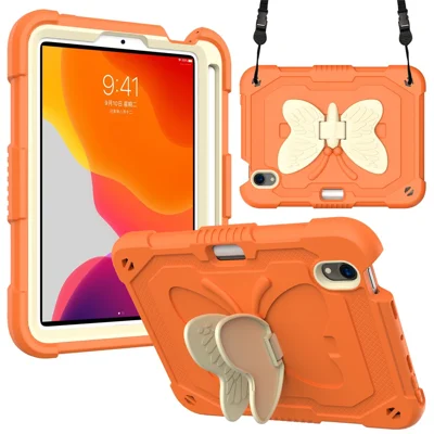 Farbverlauf-Butterfly-Form Kippständer-Tablet-Schutzhülle mit Schultergurt für iPad mini (2024) / mini (2021) – Beige / Orange