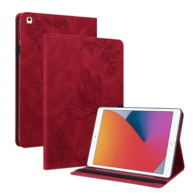 Imprinted Butterfly Flower PU Leather Stand Cover Card Slots Shockproof Folio Case with Elastic Band for iPad 10.2 (2021) / (2020) / (2019) - Red