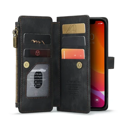 For iPhone 12 / 12 Pro Phone Cases with Strap CASEME C30 Zipper Multiple Card Holder PU Leather Cover - Black